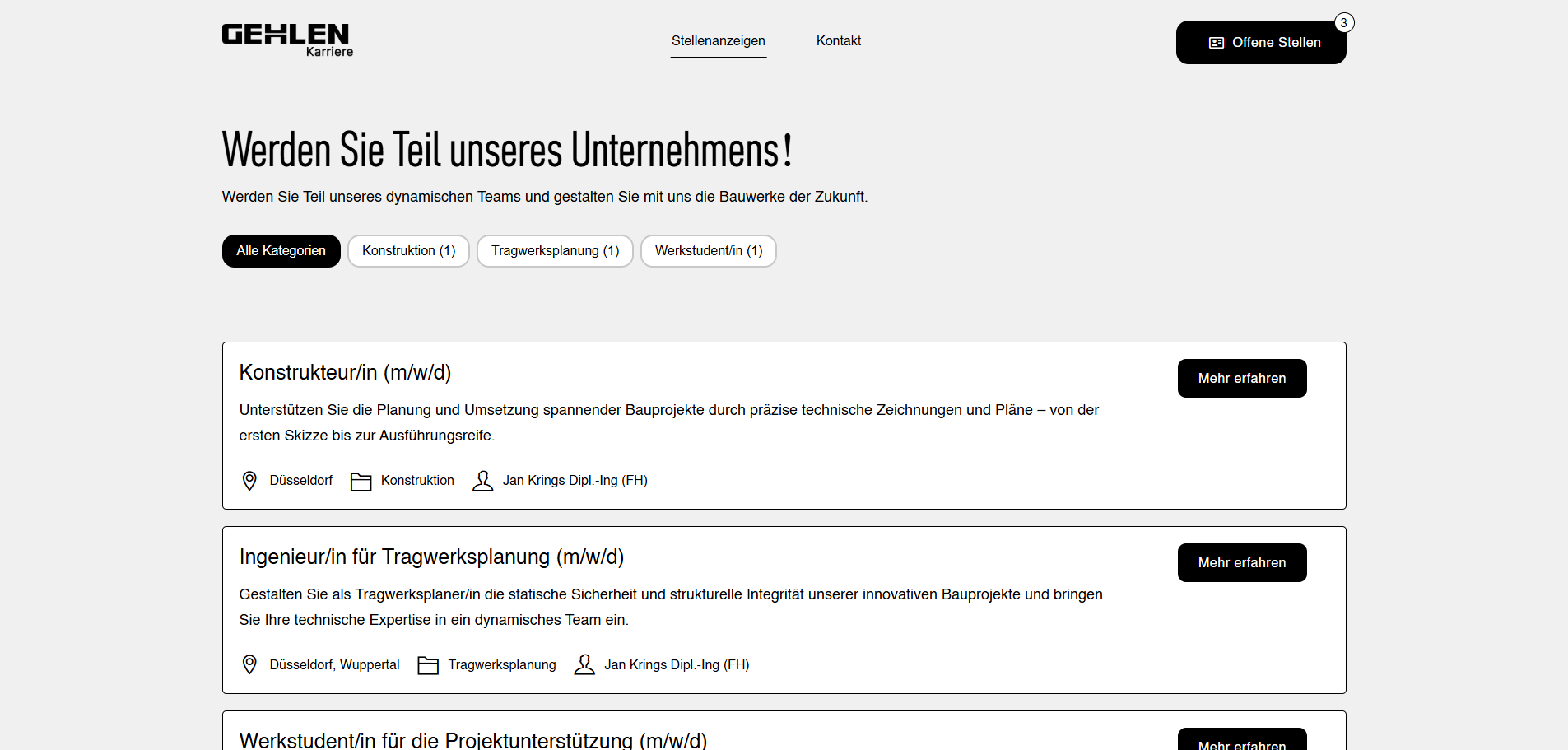Screenshot der GEHLEN Karriereseite mit offenen Stellen in den Bereichen Konstruktion und Tragwerksplanung